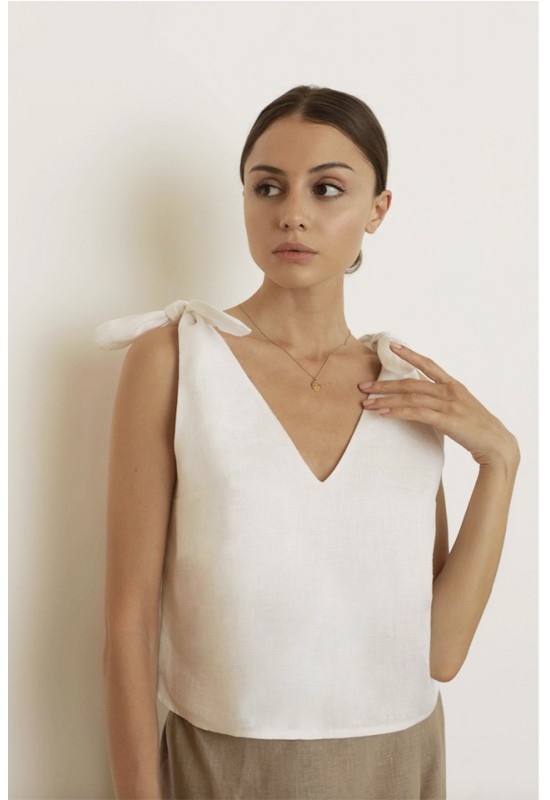 Sleeveless linen top with wide tie straps 