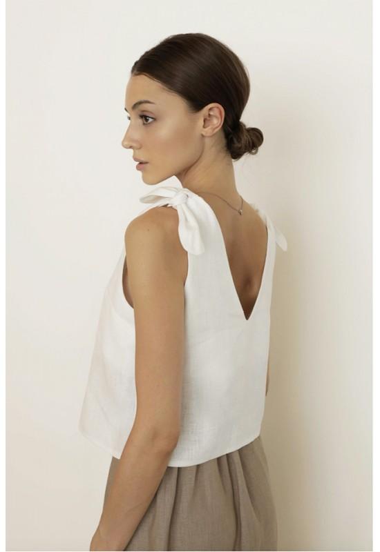 Sleeveless linen top with wide tie straps 