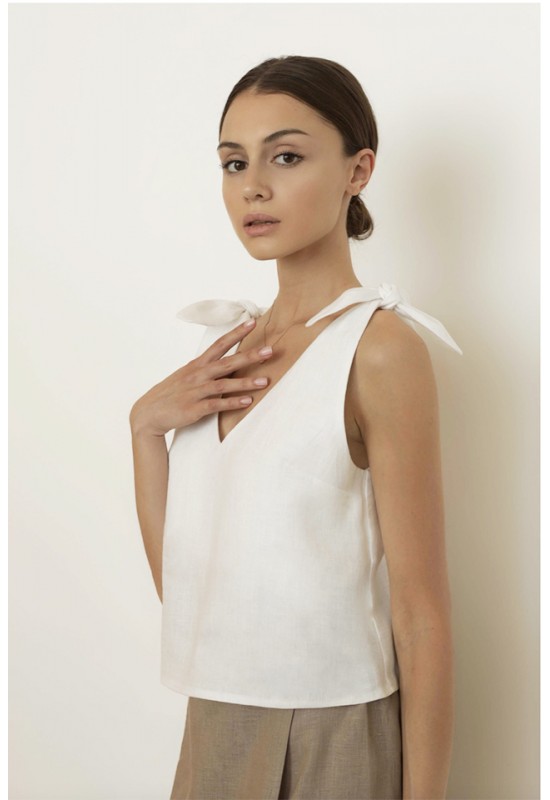 Sleeveless linen top with wide tie straps 