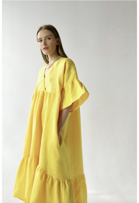 Midi oversized linen dress hi-low loose Ruffle