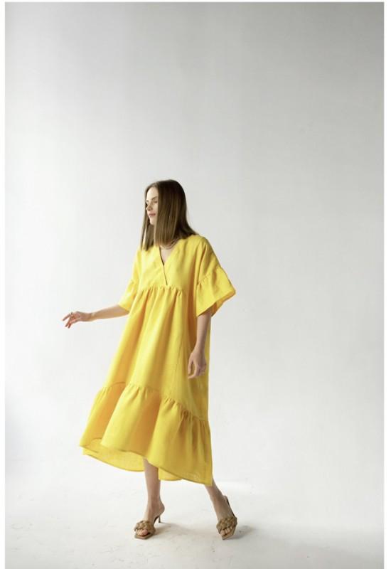 Midi oversized linen dress hi-low loose Ruffle