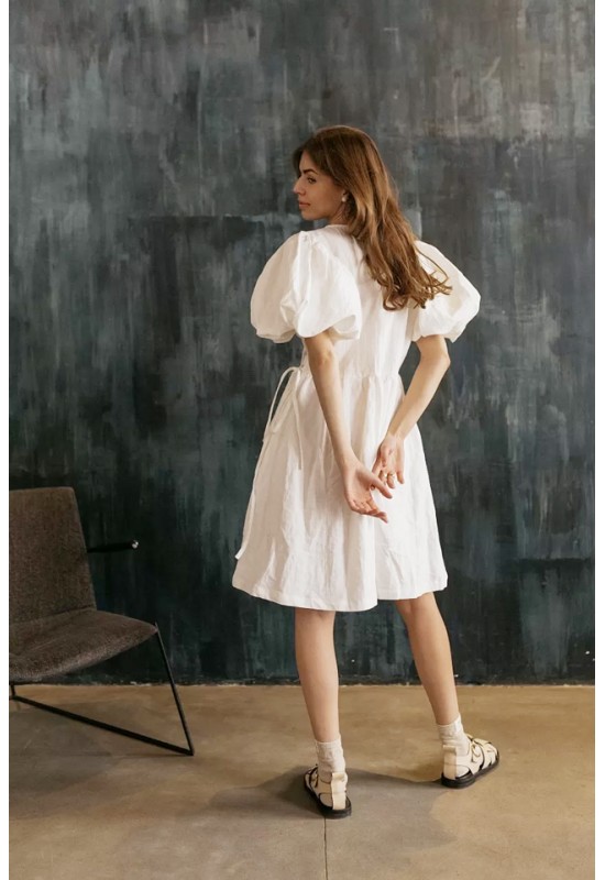 Linen wrap dress women Puffy sleeves Boho Loose