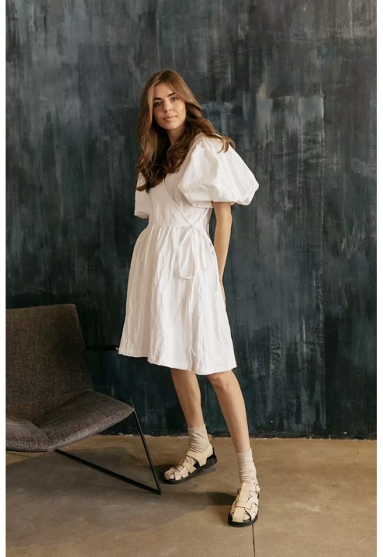 Linen wrap dress women Puffy sleeves Boho Loose