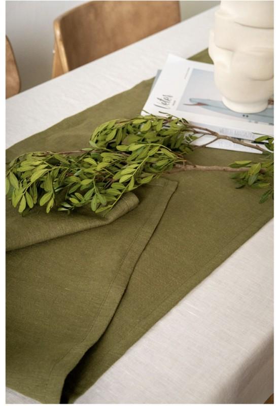 Cloth linen table runner moss green forest wedding 