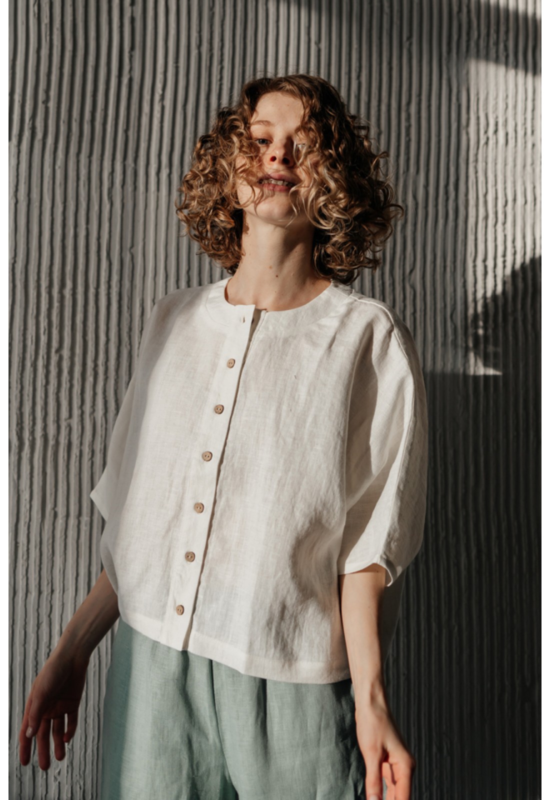Linen Loose Blouse with Buttons Half Sleeve Oversized Linen Top