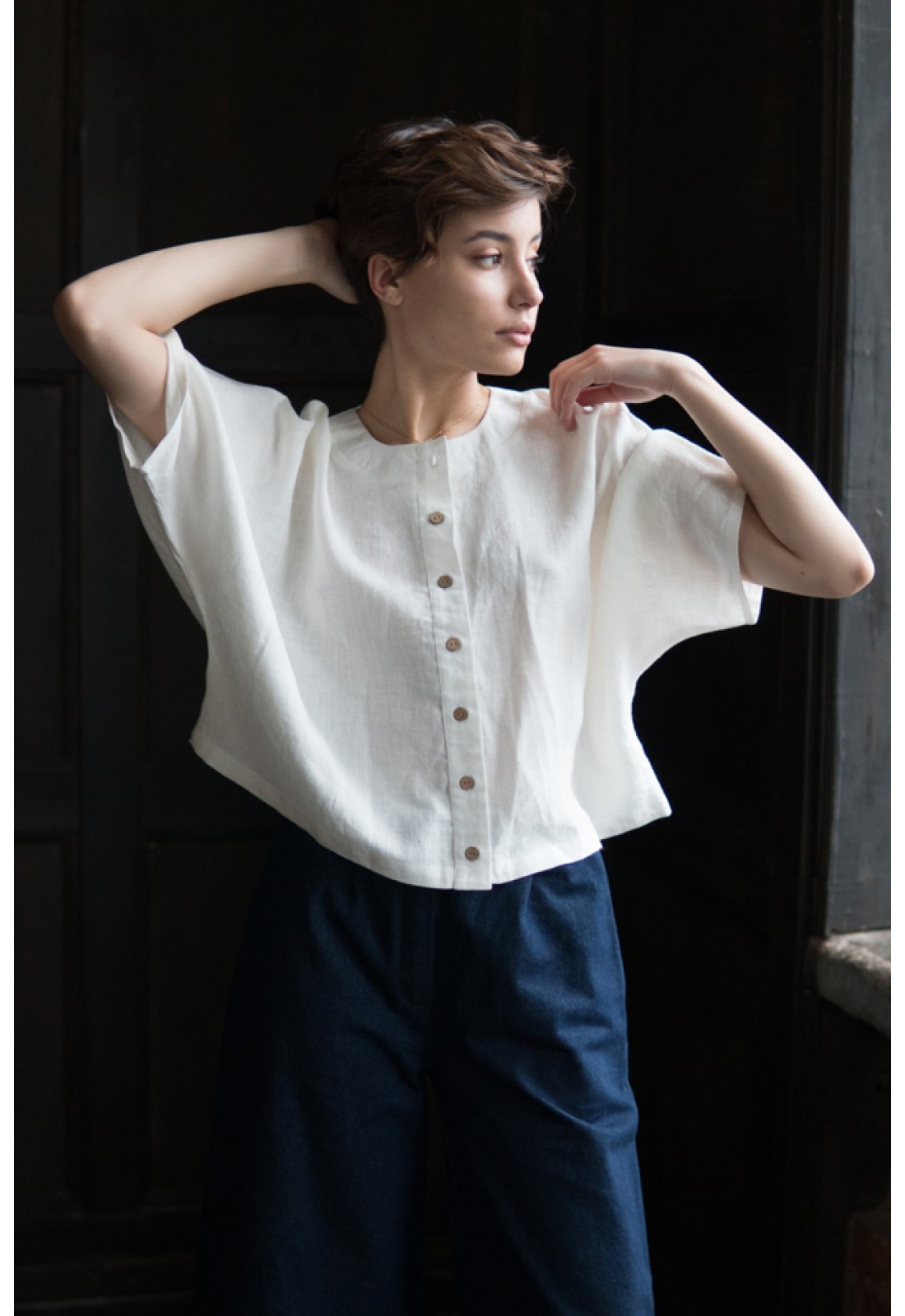 Linen Loose Blouse with Buttons Half Sleeve Oversized Linen Top