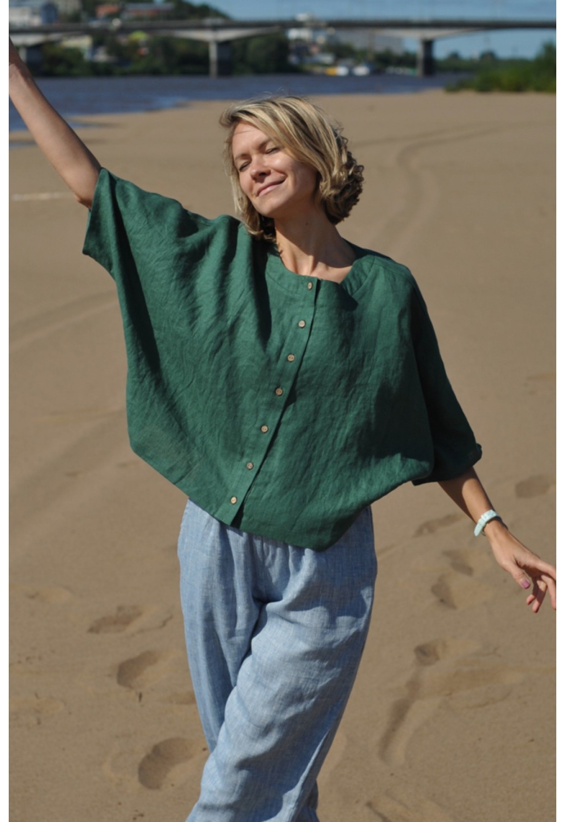 Linen Loose Blouse with Buttons Half Sleeve Oversized Linen Top