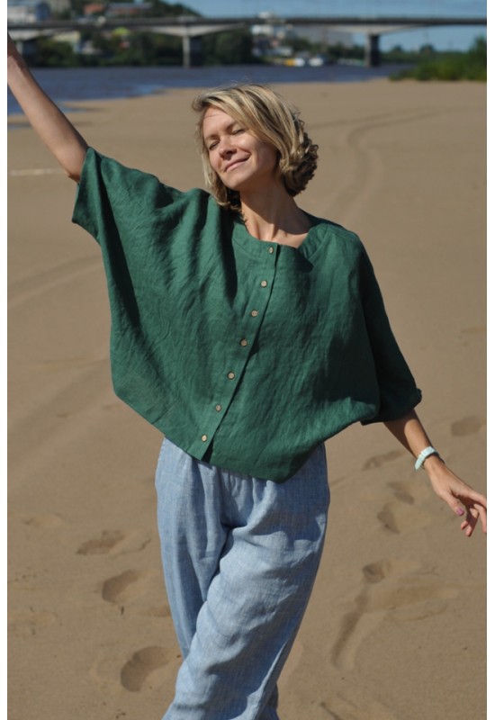 Linen Loose Blouse with Buttons - Half Sleeve Top