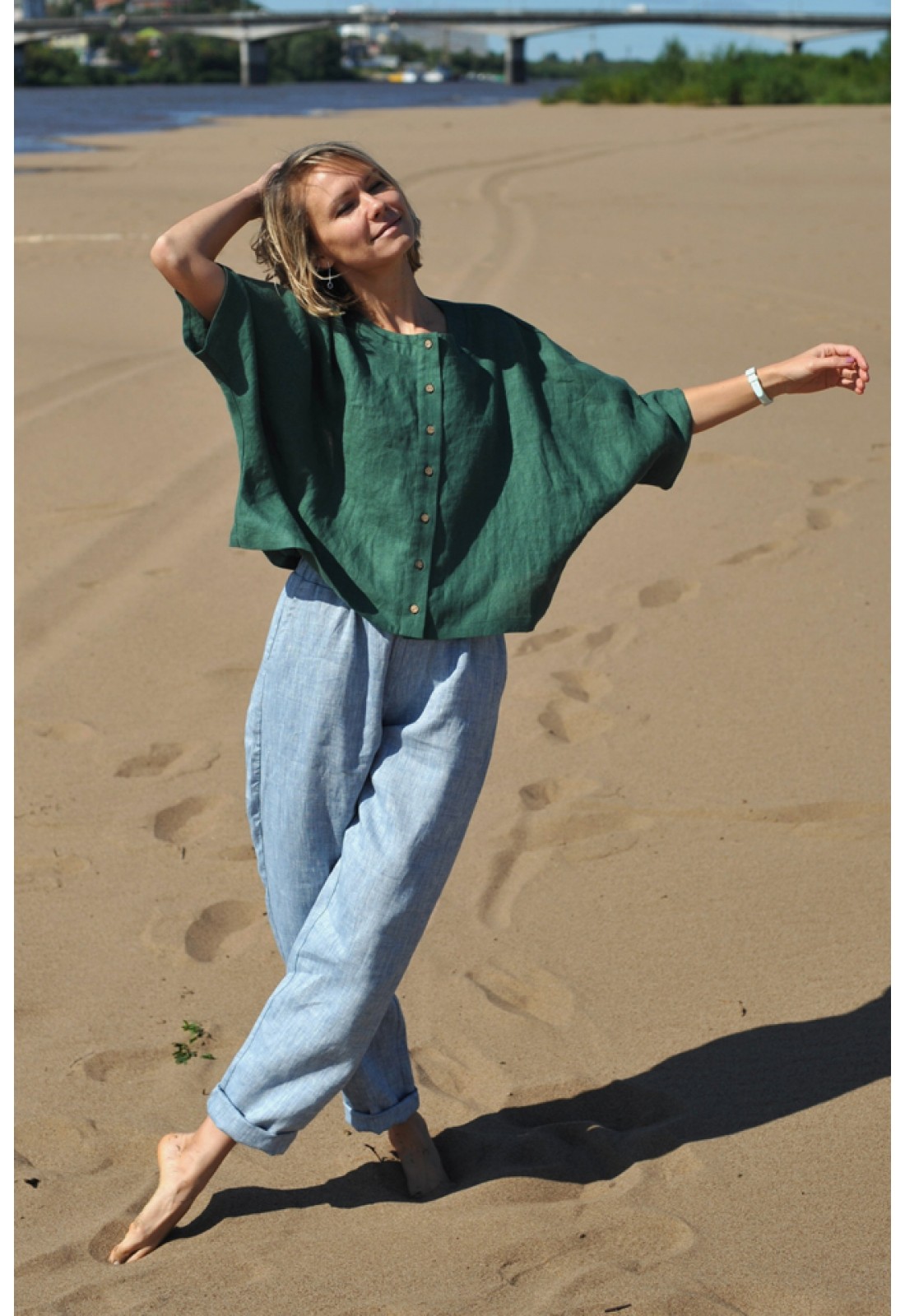 Linen Loose Blouse with Buttons Half Sleeve Oversized Linen Top