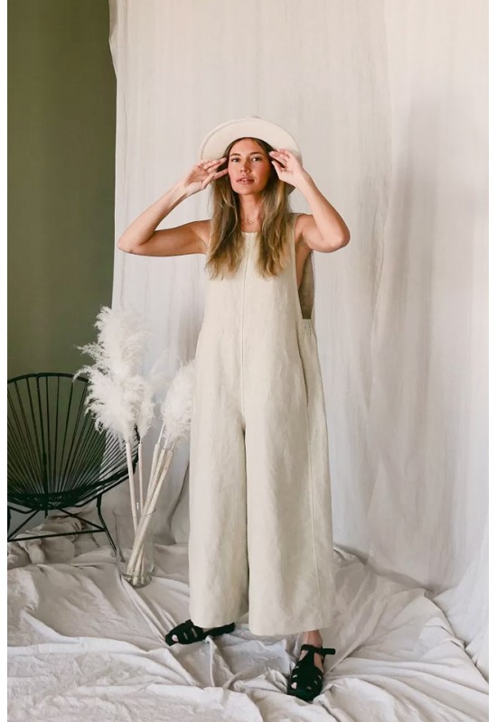 Linen loose jumpsuit women Oversized romper pants Sleeveless overall