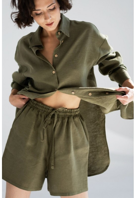 Oversized linen shirt women Collar Long sleeve