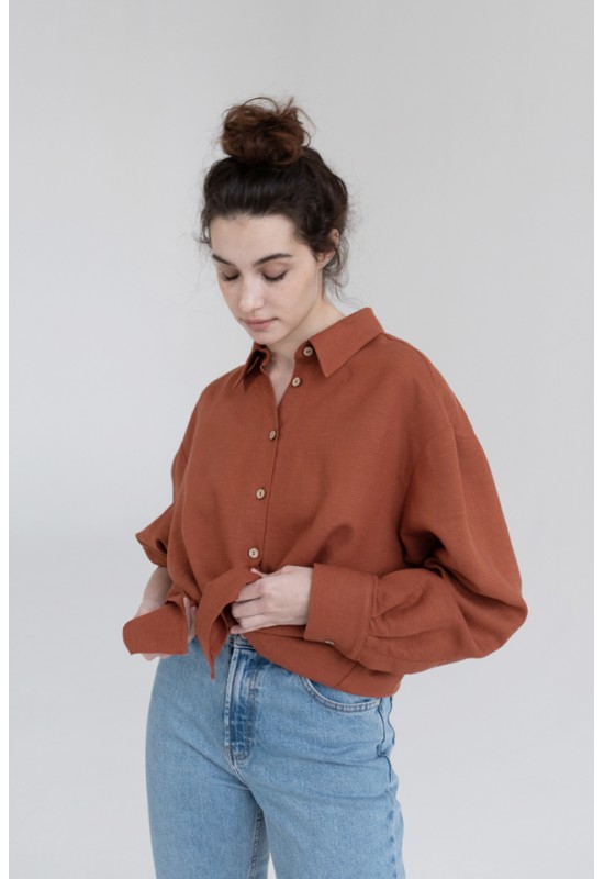 Oversized linen shirt women Collar Long sleeve