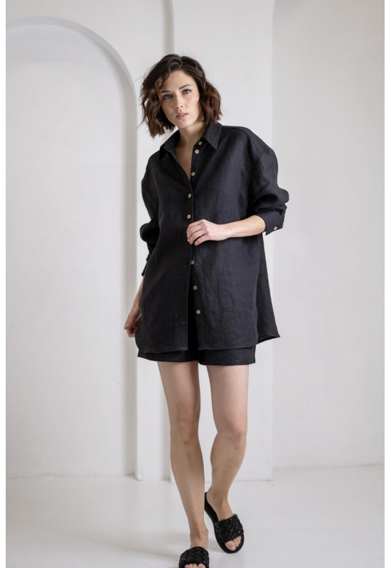 Oversized linen shirt women Collar Long sleeve