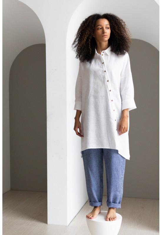 Linen Long Shirt - Asymmetrical Cut, Lond Sleeves 