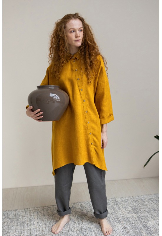 Linen Long Shirt - Asymmetrical Cut, Lond Sleeves 