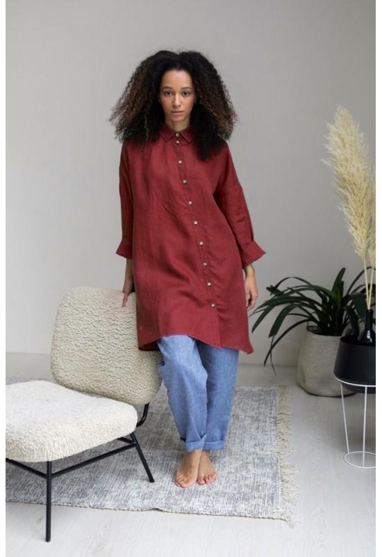 Linen Long Shirt - Asymmetrical Cut, Lond Sleeves 