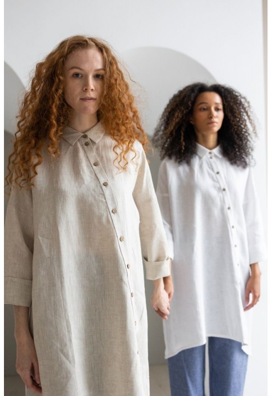 Linen Long Shirt - Asymmetrical Cut, Lond Sleeves 