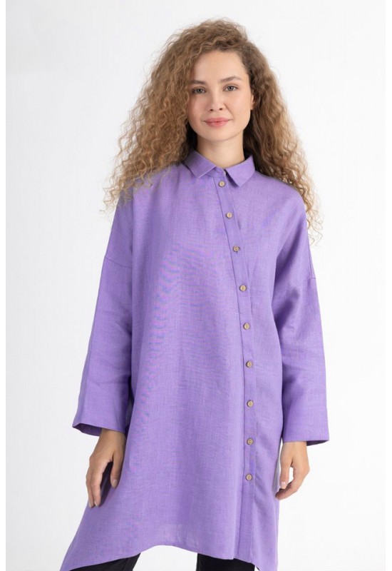 Linen Long Shirt - Asymmetrical Cut, Lond Sleeves 