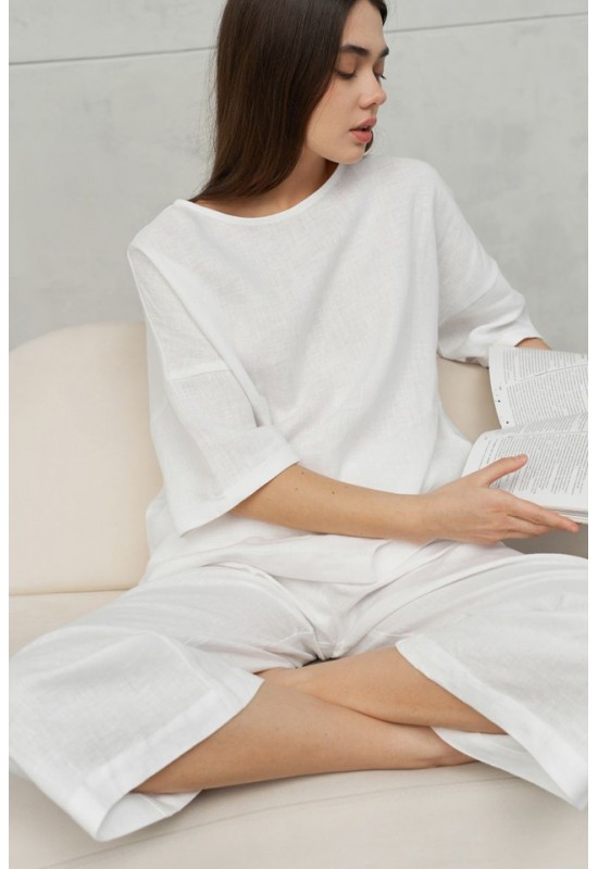 Linen Boat Neck Oversized Top - Half Sleeves - Loose T-shirt for Women