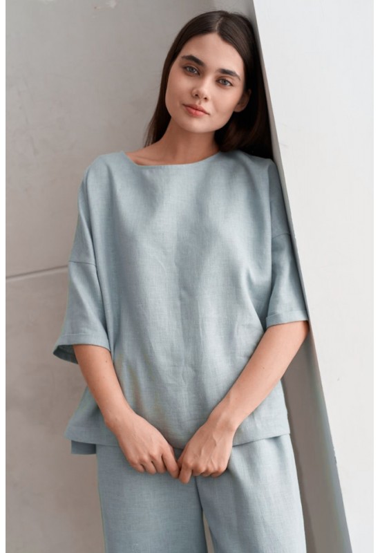 Linen Boat Neck Oversized Top - Loose T-shirt 