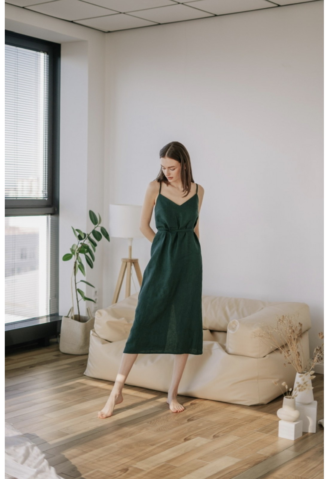 Linen Maxi Dress for Women - Sleeveless, Spaghetti Straps, Low Back