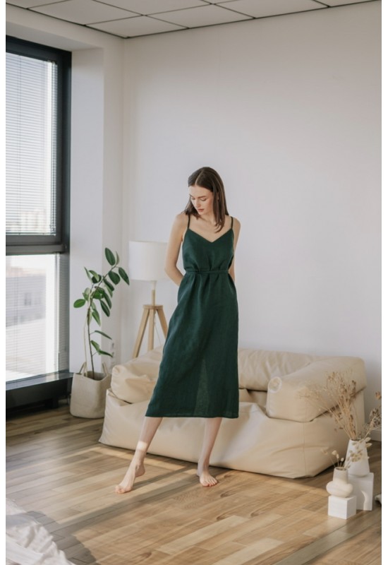 Linen Maxi Dress - Spaghetti Straps, Low Back