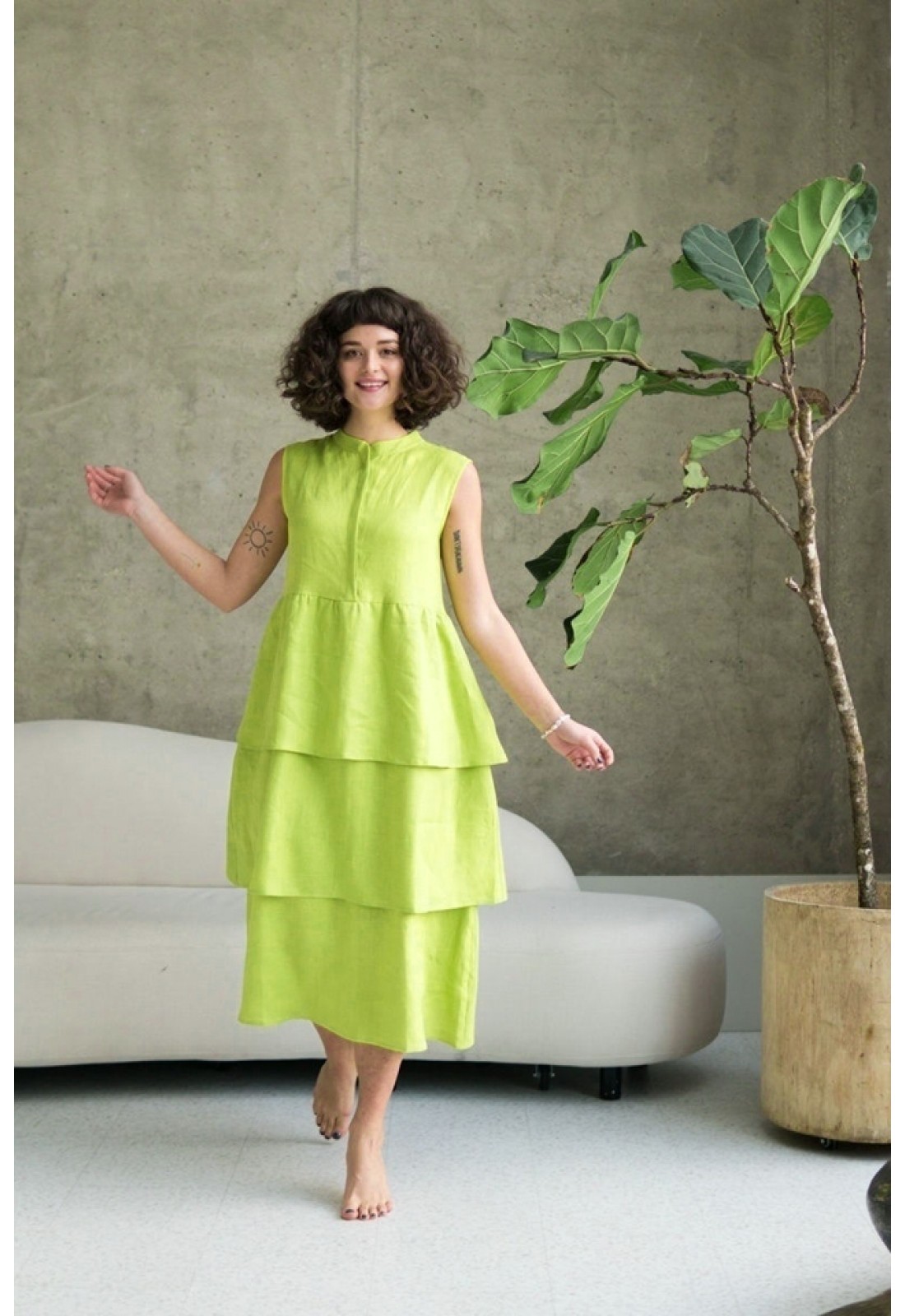 Linen Maxi Womens Dress: Sleeveless, Tiered, Band Collar & Buttoned