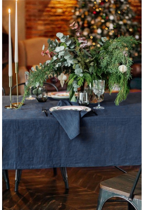 Dark Midnight Blue Linen Tablecloth