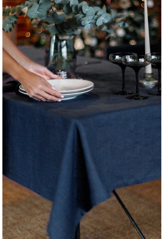 Dark Midnight Blue Linen Tablecloth