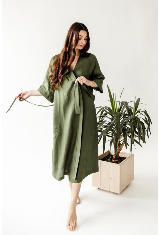 Long Linen Robe: Kimono Half Sleeves Bathrobe