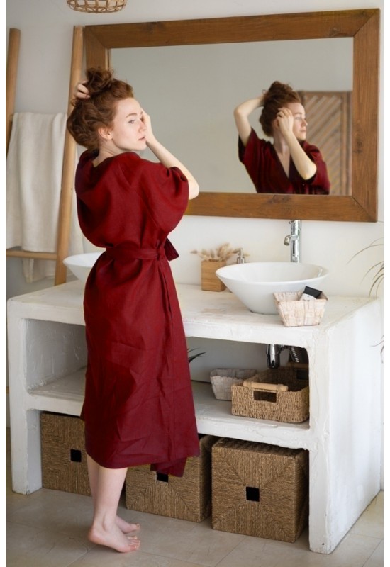 Long Linen Robe: Kimono Half Sleeves Bathrobe