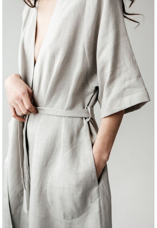 Long Linen Robe: Kimono Half Sleeves Bathrobe