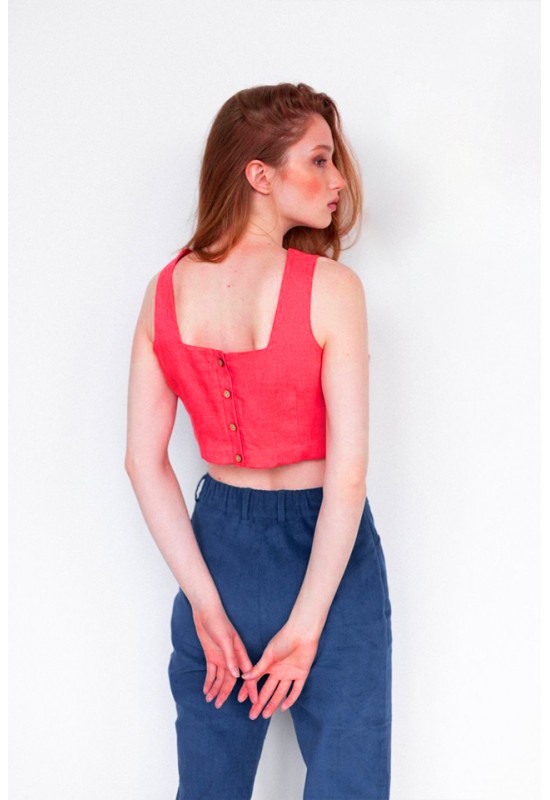 Square Neck Linen Crop Top with Back Buttons