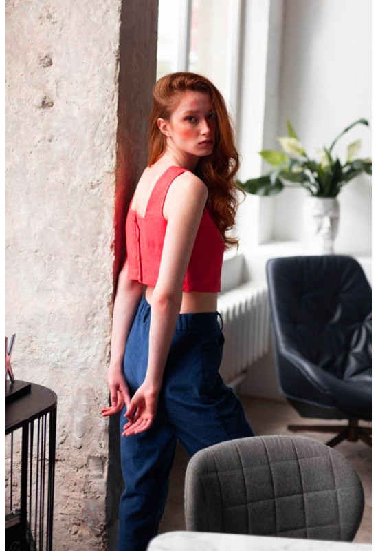 Square Neck Linen Crop Top with Back Buttons