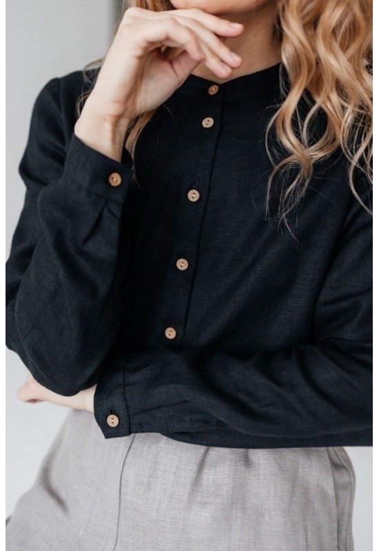 Collarless Linen Shirt for Women with Long Sleeves