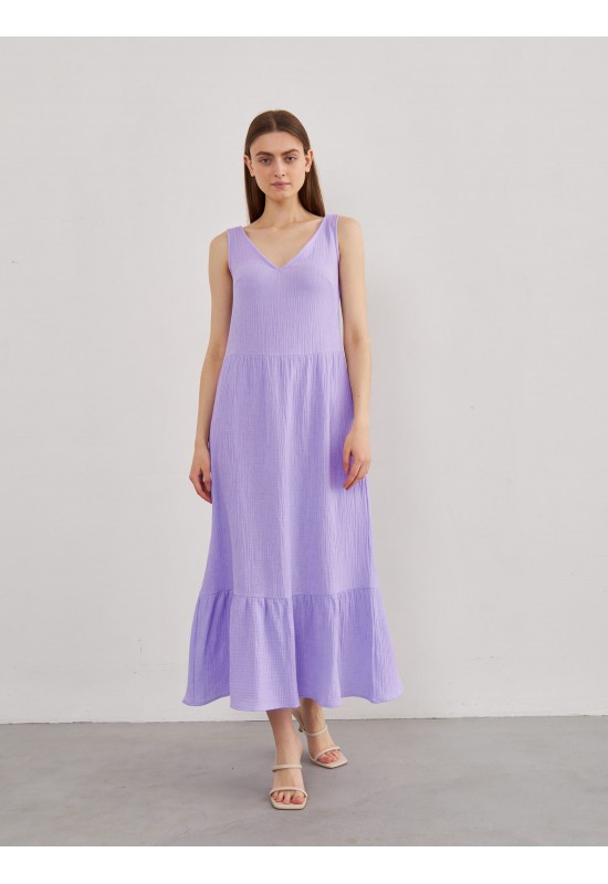 Muslin Cotton Sleeveless Dress: V Neck, Ruffles