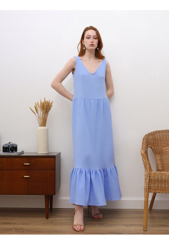 Muslin Cotton Sleeveless Dress: V Neck, Ruffles