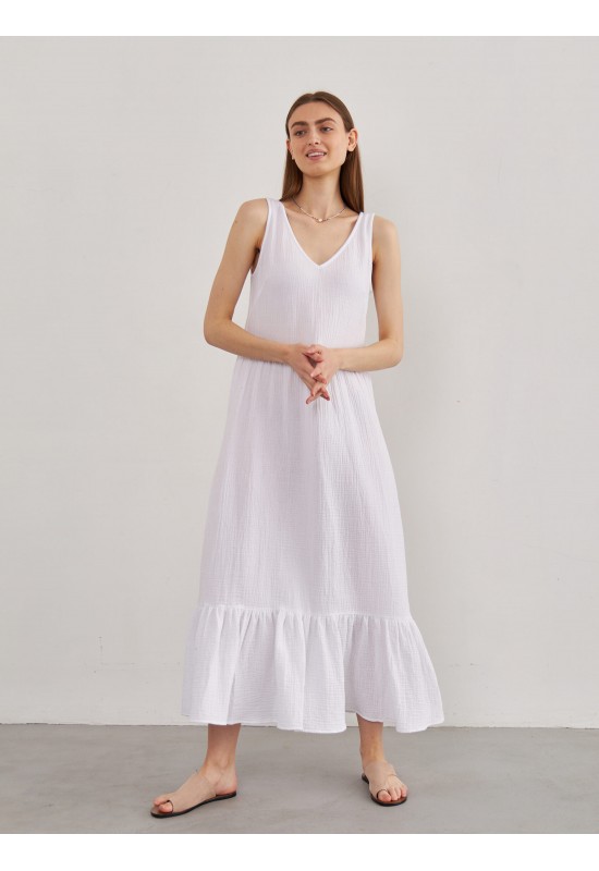 Muslin Cotton Sleeveless Dress: V Neck, Ruffles