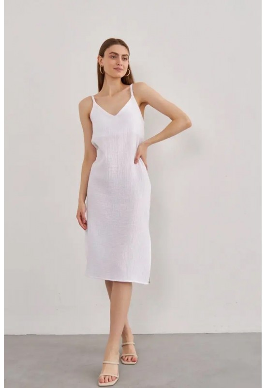 Muslin Dress with Spaghetti Straps and V-Neck 