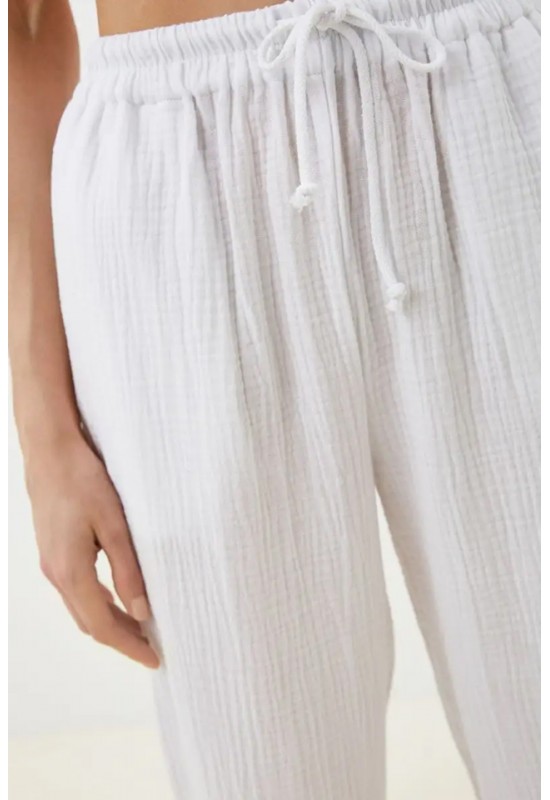 Cotton Gauze Muslin Pants: High Waist, Elastic 