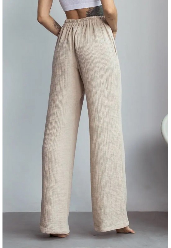 Cotton Gauze Muslin Pants: High Waist, Elastic 