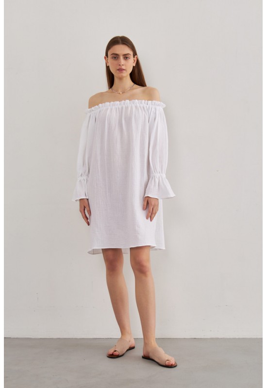  Muslin Open Shoulders Long Sleeve Dress for Women