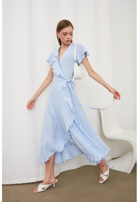 Gauze V-Neck Wrap Dress with Ruffles for Women