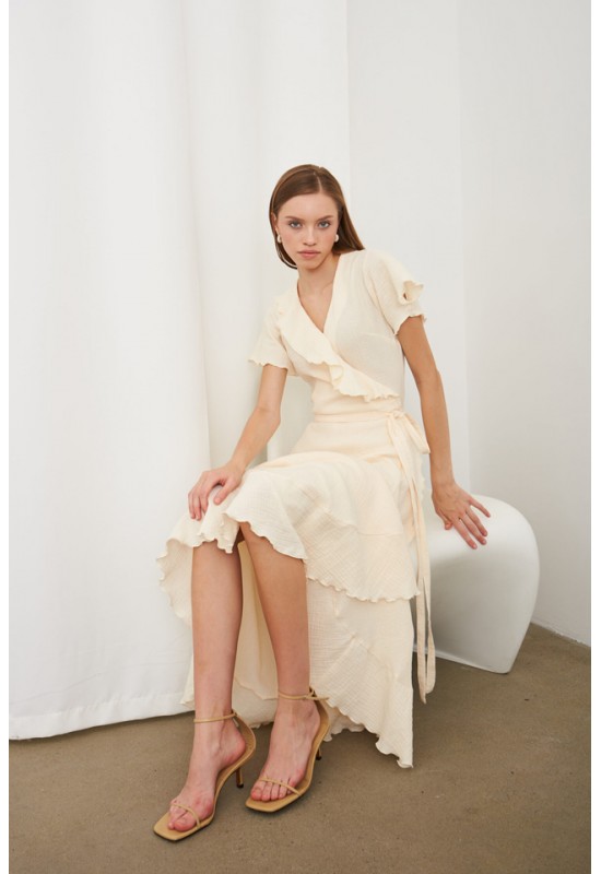 Gauze V-Neck Wrap Dress with Ruffles for Women