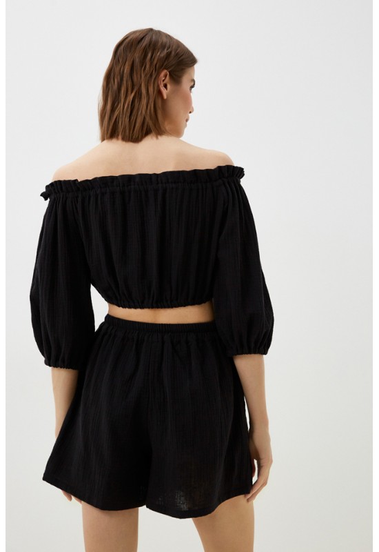 Muslin Crop Top Open Shoulders: Puff Sleeves 