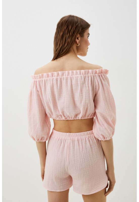 Muslin Crop Top Open Shoulders: Puff Sleeves 