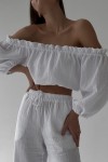 Muslin Crop Top Open Shoulders: Puff Sleeves 