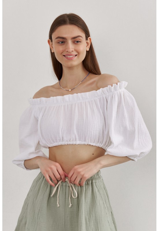 Muslin Crop Top Open Shoulders: Puff Sleeves 