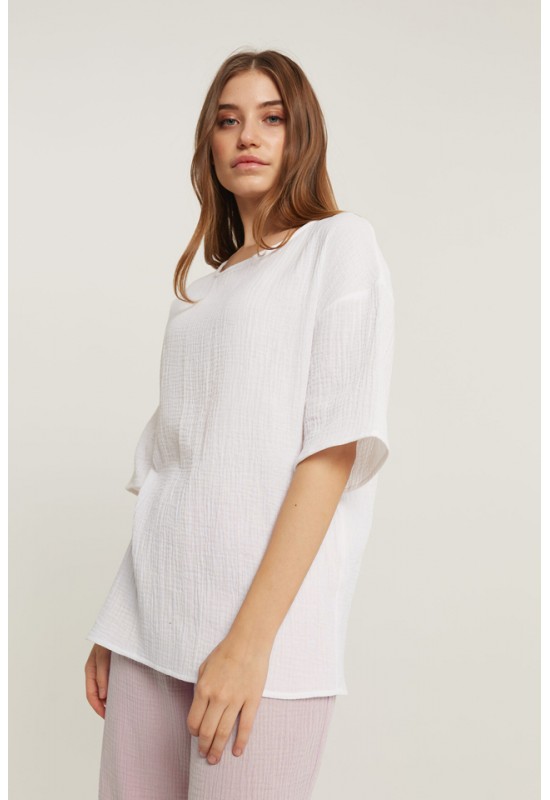 Muslin Top Short Sleeves - Loose Cotton Blouse 