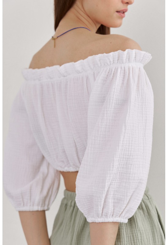 Muslin Crop Top Open Shoulders: Puff Sleeves 